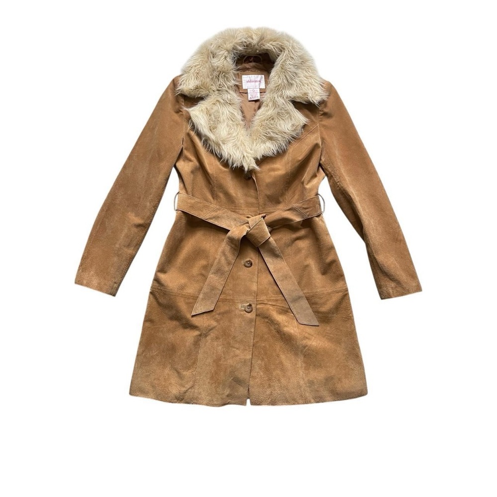 Xhillariation Women’s‎ Tan Suede Lined Belted Trench Coat with Faux Fur Collar L